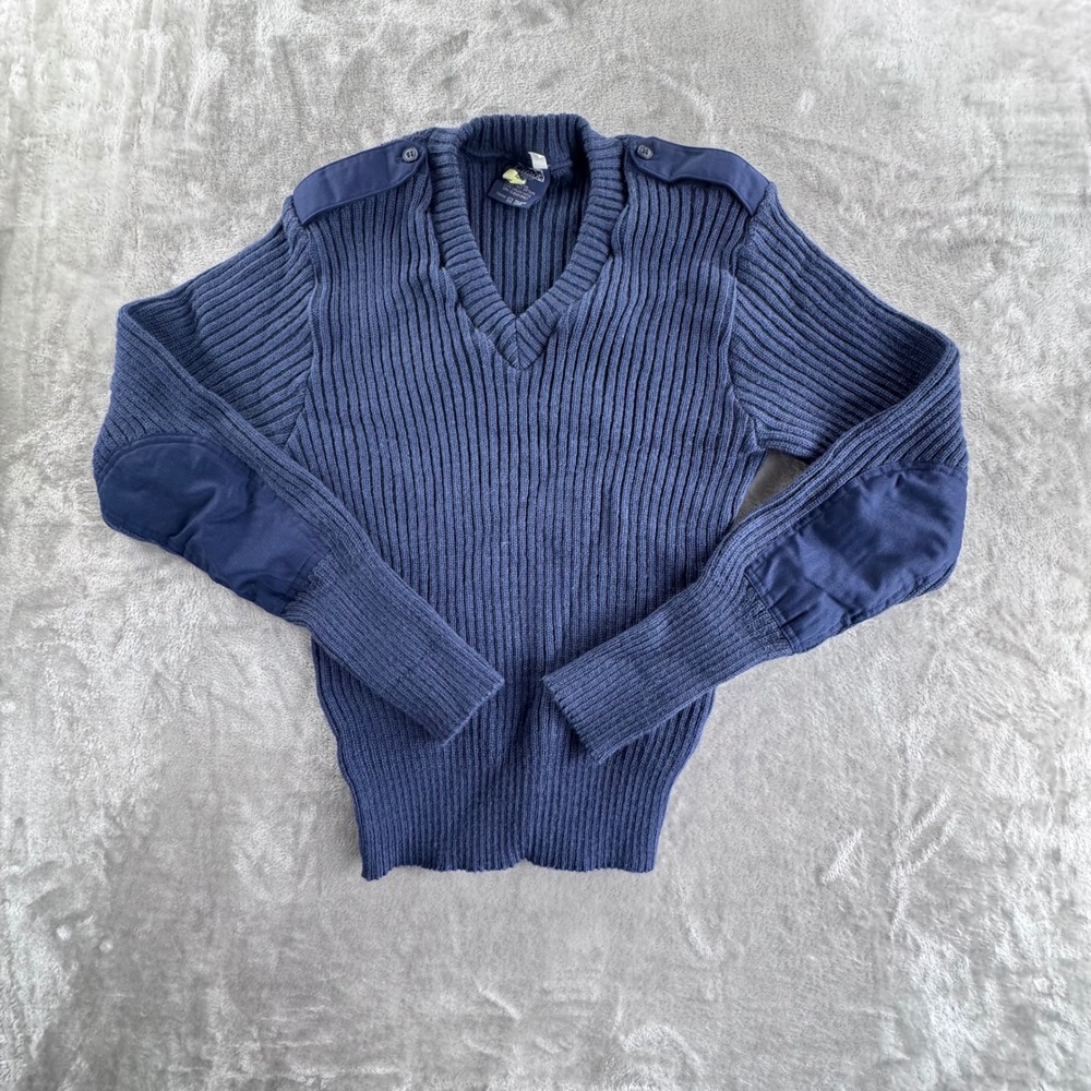 NATO Military V-Neck Commando Sweater Navy Blue Ribbed Wool Elbow Patches 48